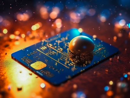E-commerce and digital payments: credit card on futuristic neon background Equipped with a digital internet network with connectivity to internet networks around the world. financial conceptの素材