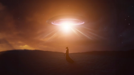 A man looks at a UFO or alien floating above a rice field in the clouds. floating above the sky flying objects like spaceships and alien invasion, extraterrestrial life, space travel, spaceshipsの素材