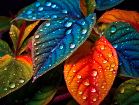 Colorful leaf background image with prominent water droplets. photos of the surfaceの素材