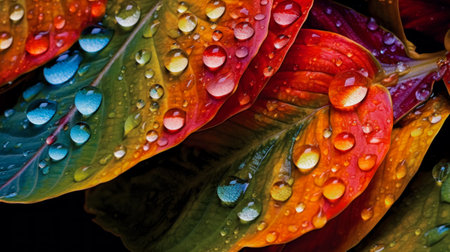 Colorful leaf background image with prominent water droplets. photos of the surfaceの素材