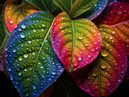 Colorful leaf background image with prominent water droplets. photos of the surfaceの素材