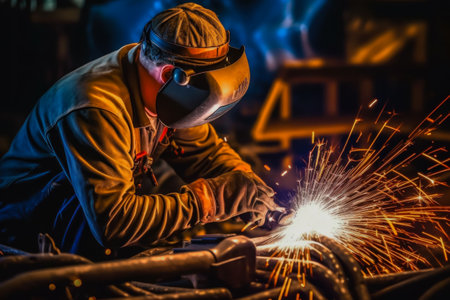 Close-up of a worker while doing a welding with arc welderの素材