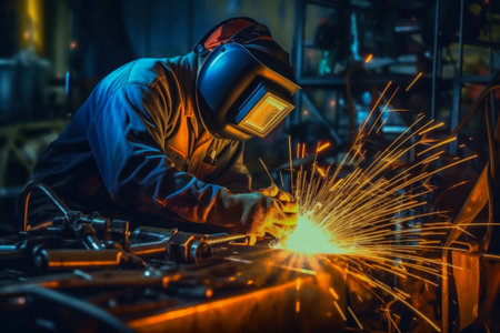 Close-up of a worker while doing a welding with arc welderの素材