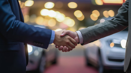 Male businessmen shake hands for work and agree on business integration and car trading. successful negotiations Businessmen shake hands in the background of a car showroom.の素材