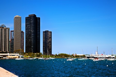 yachts in the bay against the background of skyscrapersの写真素材
