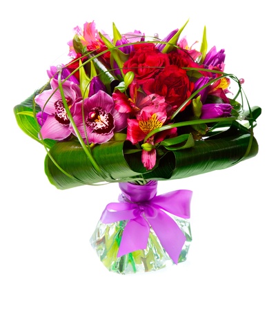 bouquet of lilias and roses isolated over white backgroundの写真素材