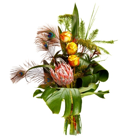 male bouquet with peacock feathersの写真素材