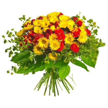 bouquet of gerberas, roses and strawberryの写真素材