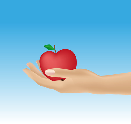 Apple in a female hand against the sky vector illustrationのイラスト素材