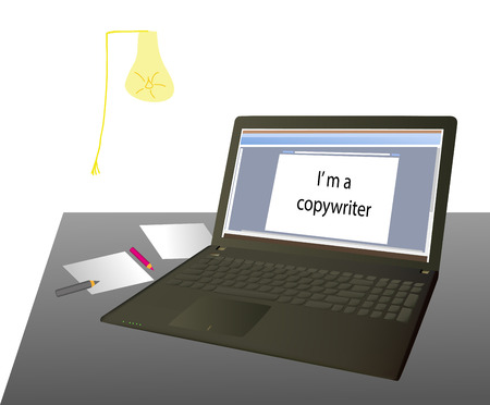 the laptop on the table, it says: I'm a copywriterのイラスト素材