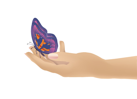 Butterfly sits on the finger of a female handのイラスト素材