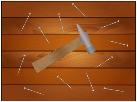 hammer and nails lying on the wooden boardsのイラスト素材