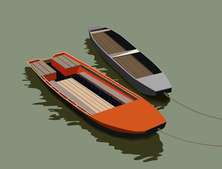 Two boats floating on the smooth surface of the water.のイラスト素材