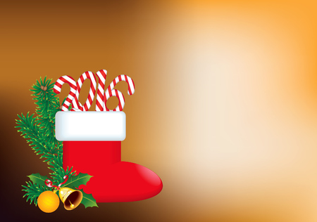 2016 New Year and Christmas decoration with Christmas sock  and candy canes in form of digits. With copy space. Great for greeting cards.のイラスト素材