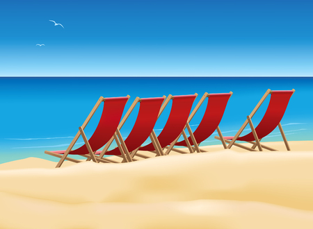 Five red deck chairs on the beautiful beach.のイラスト素材