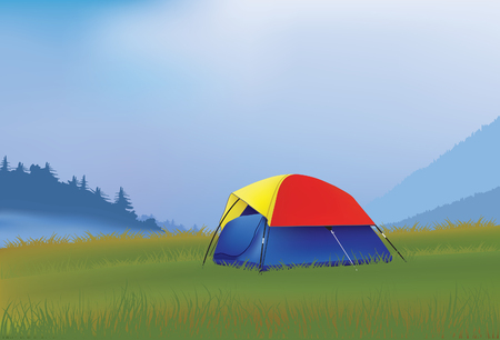 Camping tent for two in the mountains in the foggy morning.のイラスト素材