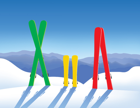 Three pairs of skis in snow. Winter family vacations on winter resort.のイラスト素材