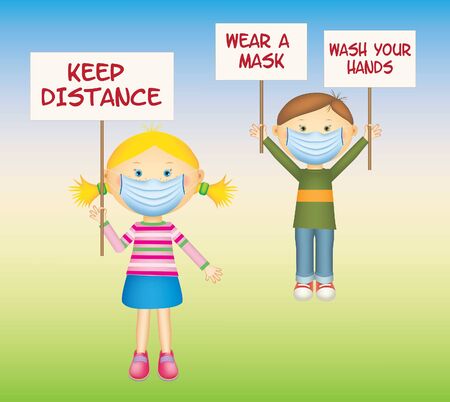 Cute boy and girl are wearing protective medical masks against corona virus. They are holding banners with inscriptions: "Keep distance", "Wear a mask" and " Wash your hands". COVID-19 Pandemic.のイラスト素材