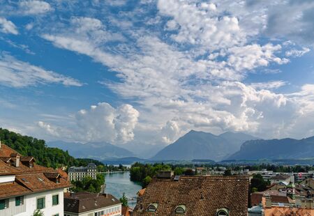 Panoramic view of Thun, Aare river,Thuner lake and Alps in the distance. Canton of Bern, Switzerland