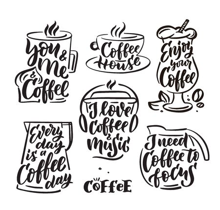 Coffee set hand drawn lettering and doodle composition.のイラスト素材