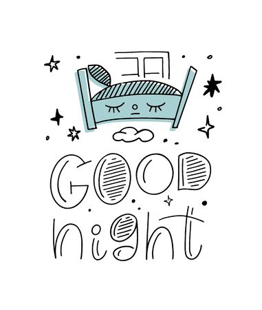 Magic illustration with hand lettering and doodles icon. Beautiful childish night elements and characters.のイラスト素材