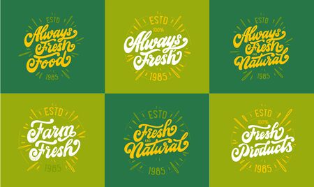 Set of always fresh produst, lettering phrases. Vector illustration stamps. Handwritten compositions for shop, market, restaurant, cafe menu, etc. Collections for labels, badges, stickers. Calligraphy, typography with textured effect and raysのイラスト素材