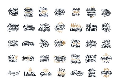 Christmas hand drawn lettering set. Xmas lettering. Calligraphy on white background.のイラスト素材