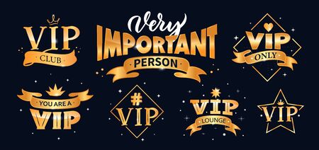 Vip lettering collection. Creative set compositions in gold color for web bannersのイラスト素材