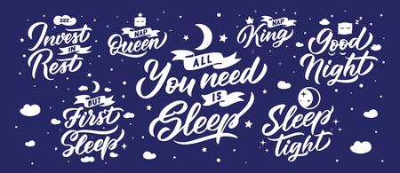 Sleep lettering phrases. Set for your cards and banners. Vector illustration collection.のイラスト素材
