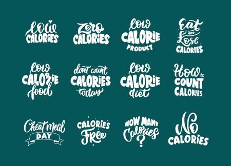 No calories, Zero calories, Low calories product on green background. Set of vintage retro handmade badges, labelsのイラスト素材