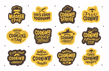 Let's cook, cooking stickers. Set of vintage retro hand drawn badges, labels and elements, symbols, phrases, slogans for cooking school, cooking studio, club, food studio. Vector illustration.のイラスト素材