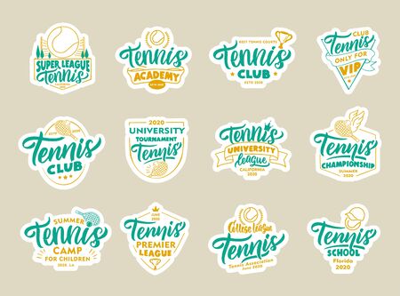 Set of Tennis stickers, patches. Sport colorful badges, emblems, stamps for Tennis club, school. Collection of retro with hand-drawn text, phrases. Vector illustrationのイラスト素材