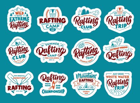 Set of Rafting stickers, patches. Colorful badges, emblems, stamps for club on blue background.のイラスト素材