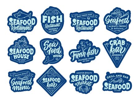 Set of Seafood stickers, patches. Blue badges, emblems, stamps for on white background. Collection of retro with hand-drawn text, phrases. Vector illustrationのイラスト素材