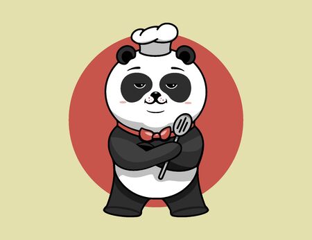 Super chef logo, cooking template, the hero proudly folded his paws. Funny panda character, logotype, badge, sticker, emblem, label on background. Vector illustrationのイラスト素材