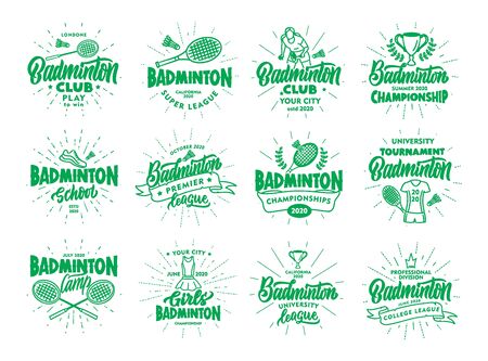 Set of vintage Badminton emblems and stamps. Green badges, stickers on white background isolated with rays. Collection of retro logos with hand-drawn text, phrases. Vector illustrationのイラスト素材