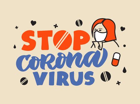 Coronavirus. Lettering phrase, emblem, logo, hand-drawn text, iconsのイラスト素材