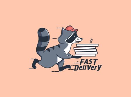 The Running raccoon with pizza box, with fast delivery text. Funny character, logotype, badge, stickerのイラスト素材
