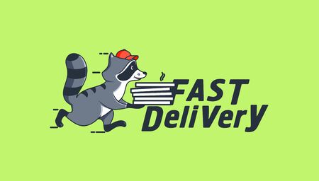 The Running raccoon with pizza box with fast delivery text. Funny character, logotypeのイラスト素材