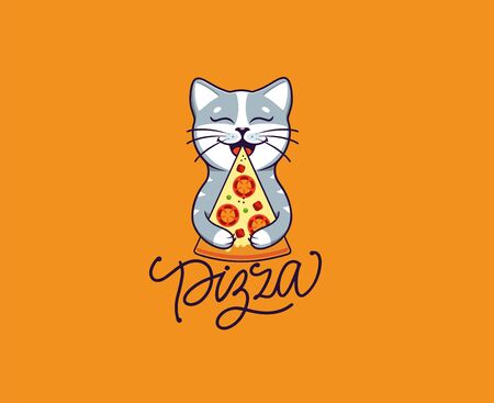 The funny cat eats pizza, logo. Kitty cartoon character, food logotypeのイラスト素材