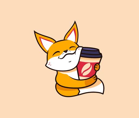 The  funny fox with coffee. Food logotype, cute animal, cartoon characterのイラスト素材