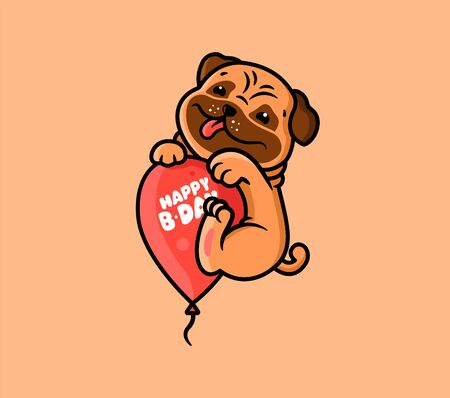 Happy Birthday with dog and balloon. Logotype with funny pug and lettering phrase.のイラスト素材