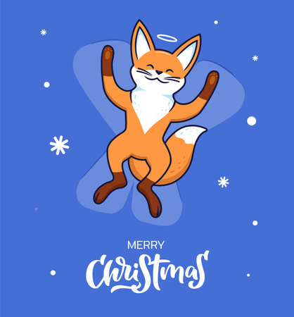 The content is a happy fox making a snow angel on blue background. Cute character for stickers, ads, t-shirt print, Christmas cards. Merry Christmas phrase. Vector illustrationのイラスト素材