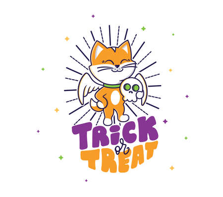 Beautiful Halloween card of cat an angel with skull. Cute design for printsのイラスト素材