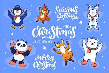 Set of animals making snow angels on blue background with snowflakes.のイラスト素材
