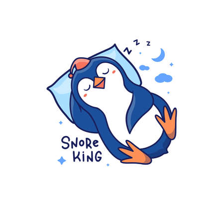 The penguin sleeping on the pillow at night. The Snore kingのイラスト素材