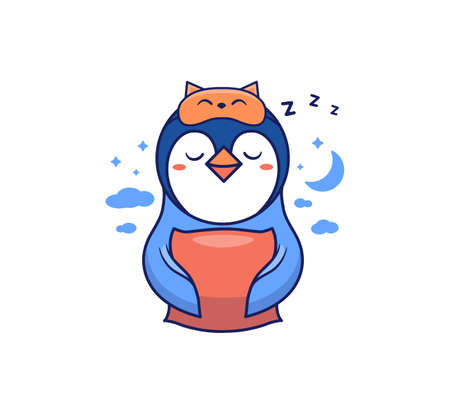 The little princess with a sleep mask holding a pillow at night. A funny cartoon penguinのイラスト素材
