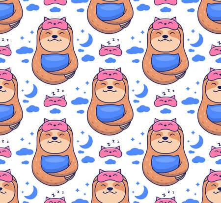 The seamless pattern of sloths dreaming with sleep masks. The design used for Baby look prints, sleep zones, bags, kid linens, clothes design, etc. Vector illustration printのイラスト素材