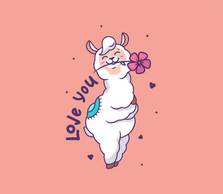 The white llama alpaca hugs himself and holds a flowerのイラスト素材