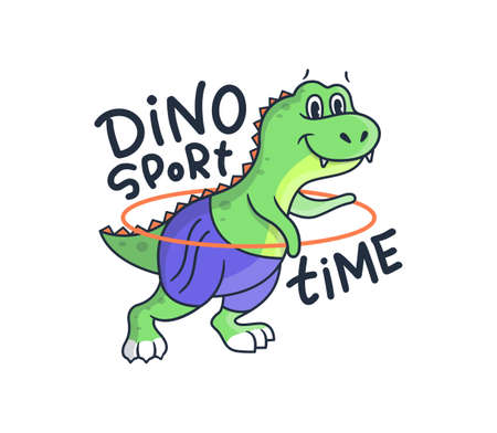 The cute woman dino does fitness exercises. Cartoonish sport dinosaurのイラスト素材